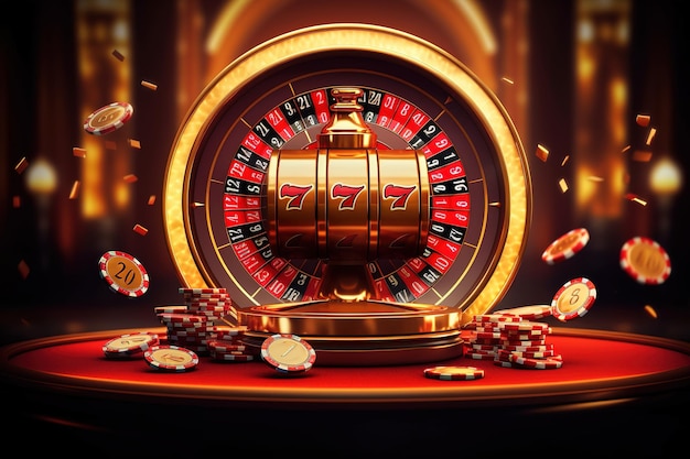 Casino-Hintergrund mit fliegenden Chips, goldenen Münzen und Würfeln Generative KI