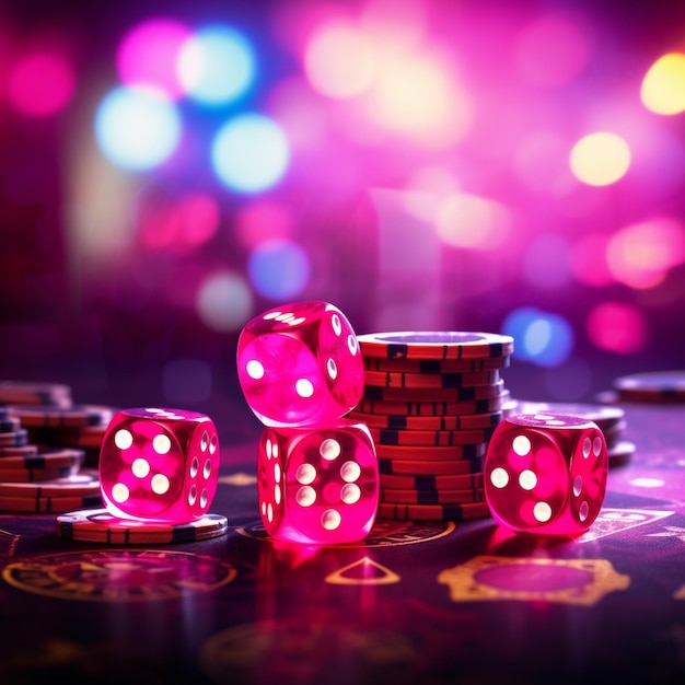 Casino-Hintergrund mit rosa Würfeln und Pokerchips