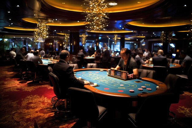 Foto un casino con juegos de azar y muchos jugadores