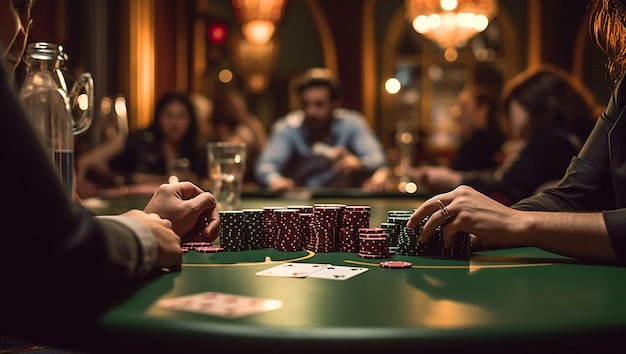 Casino juegos de póquer personas y concepto de entretenimiento cerca de jugador de póquer con naipes