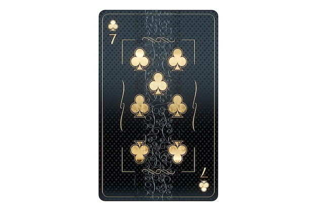 Casino-Konzept Clubs 7 Spielkarten Schwarz-Gold-Design auf weißem Hintergrund Glücksspiel Luxus-Stil Poker Blackjack Baccarat 3D-Rendering 3D-Darstellung