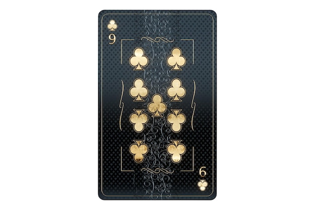 Casino-Konzept Clubs 7 Spielkarten Schwarz-Gold-Design auf weißem Hintergrund Glücksspiel Luxus-Stil Poker Blackjack Baccarat 3D-Rendering 3D-Darstellung