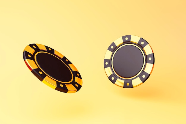 Casino en línea Fichas de casino 3D sobre fondo amarillo Colores negro y dorado Estilo de dibujos animados Diseño de concepto de juego Ilustración de renderizado 3d