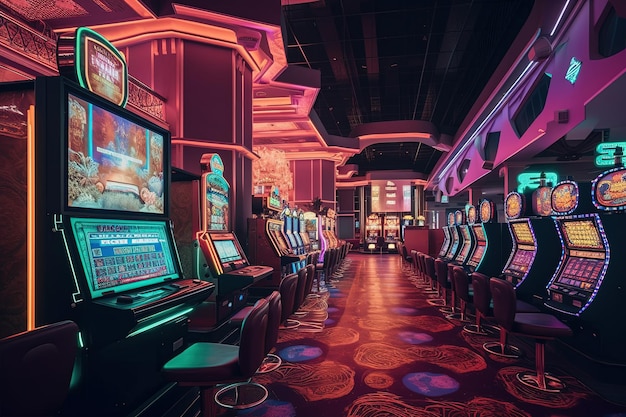 Un casino con máquinas tragamonedas y un letrero de neón que dice casino.