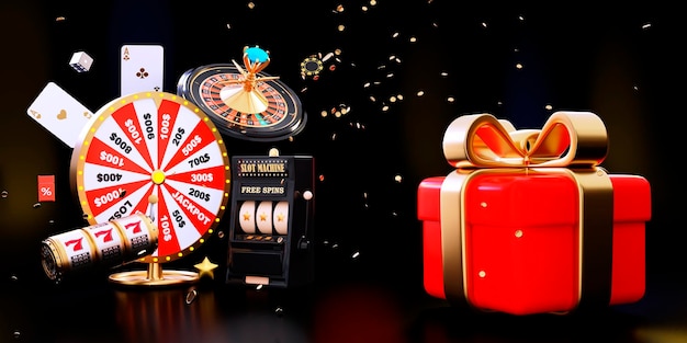 Casino online 3D roleta realista roda de fortuna e caça-níqueis em fundo preto 777 Big win concept banner casino Gambling concept design 3d rendering illustrationx9