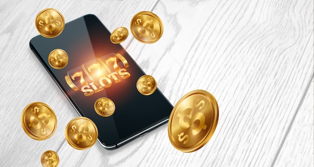 Casino online, smartphone com slot machine com jackpot e moedas de ouro. slots online, lucky seven 777, estilo ouro escuro. conceito de sorte, jogo, jackpot, banner.