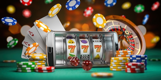 Casino online Smartphone ou telefone móvel máquina de caça-níqueis cartas de dados e roleta em uma mesa verde em casino 3d