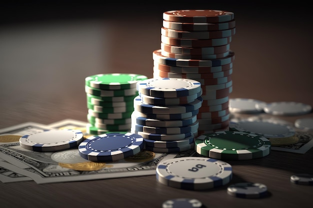 Casino con pilas de dinero y fichas en la mesa para apostar y jugar