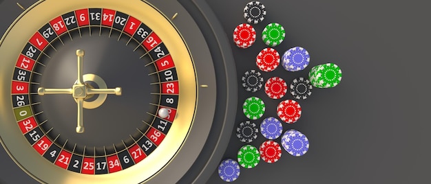 Casino Roulette golden Spinnrad bunte Chips Glücksspiel und Wetten 3D-Darstellung