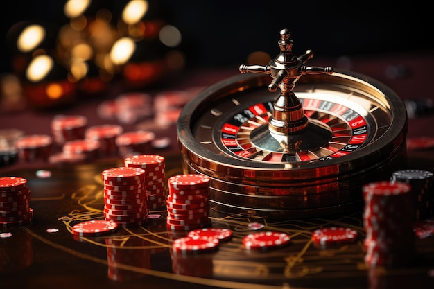 Casino-Roulette mit Chips, Poker, Spielkarten und roten Würfeln Natürlich