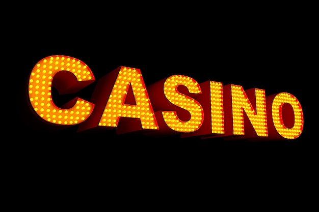 Casino-schild mit glühbirnen auf schwarzem hintergrund. 3d-rendering