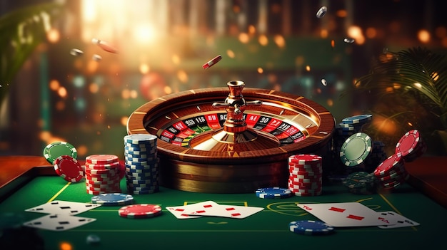 Casino-Spiele-Hintergrund-Bannerillustration mit Casino-Craps-Roulette und Pokerkarten