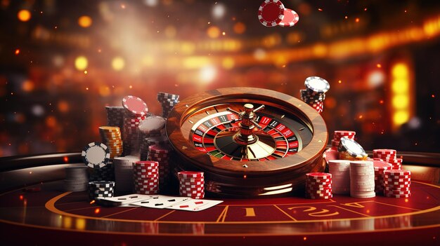 Casino-Spiele-Hintergrundbanner 3D-Illustration mit Casino-Elementen, Craps, Roulette und Pokerkarten