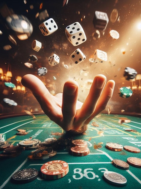 Casino-Szene auf einem Spieltisch, Einfrieren, Aktion, Fliegen, Würfel, Karten und Chips, dunkles Bokeh, menschliche Hand