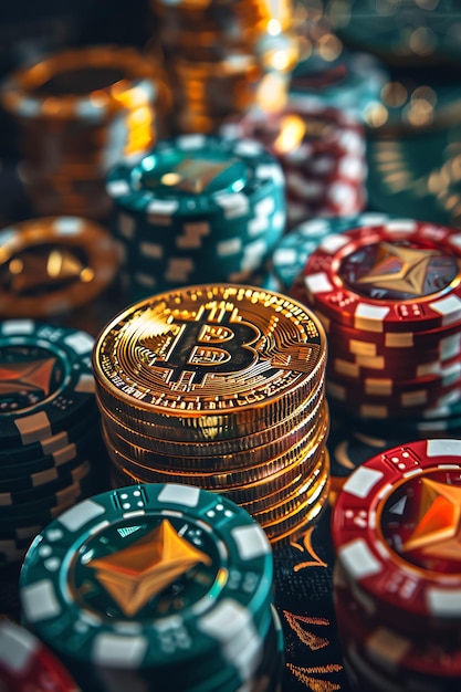 Casino temático de Bitcoin con jugadores jugando juegos y el concepto de Bit Crypto en tendencia Foto de fondo