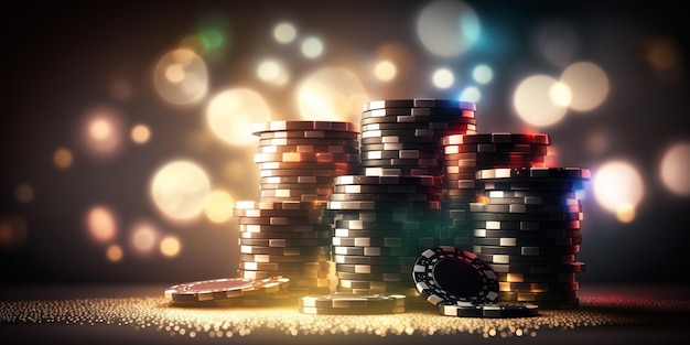 Casino-Token oder Casino-Chips stapeln sich auf dem Tisch mit glitzerndem Lichtunschärfe-Hintergrund