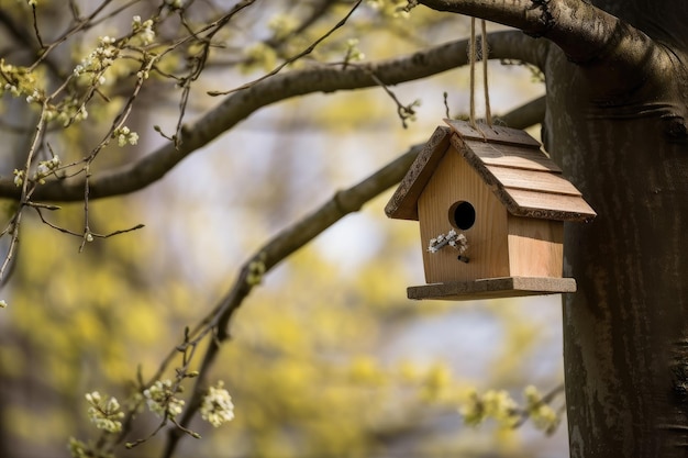 Una casita para pájaros y un comedero colgando de las ramas de un árbol creado con ai generativo