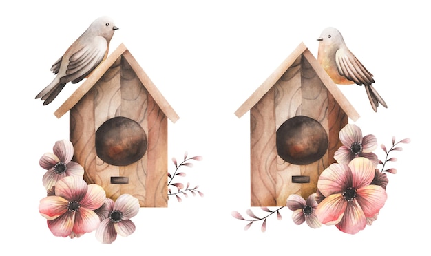 Una casita para pájaros pintada con pájaros y flores rosas Dibujo de una casita para pájaros y pájaros