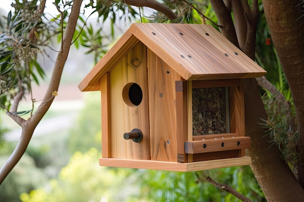 Casita para pájaros con ventana que permite a los pájaros ver su entorno creado con IA generativa