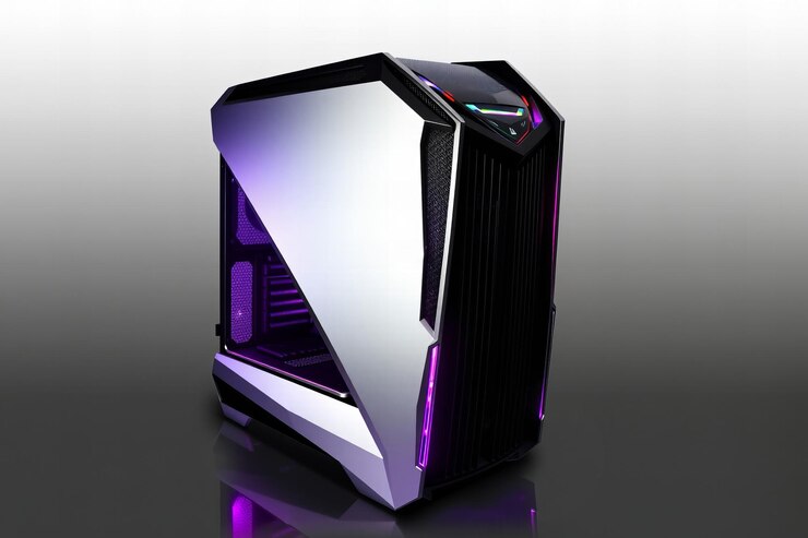 Caso de computadora metálico futurista con bordes afilados iluminación RGB