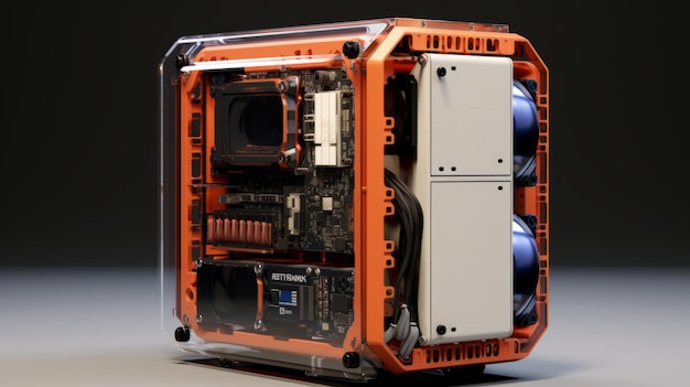 Foto caso de pc com tema nasa com placa-mãe laranja renderização fotorrealista