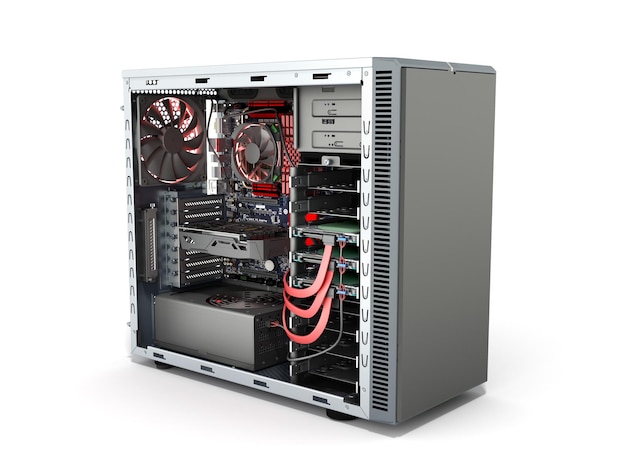 Caso de PC abierto con piezas internas, placa base, refrigerador, tarjeta de video, fuente de alimentación, unidades HDD, renderizado 3D en blanco.