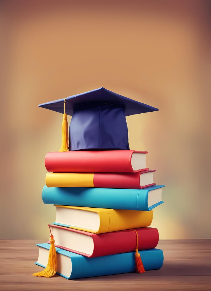 Casquillo de la graduación en la pila de libros