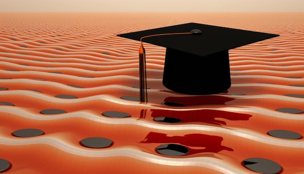 Casquillo de la graduación sobre fondo naranja Representación 3D del concepto de educación
