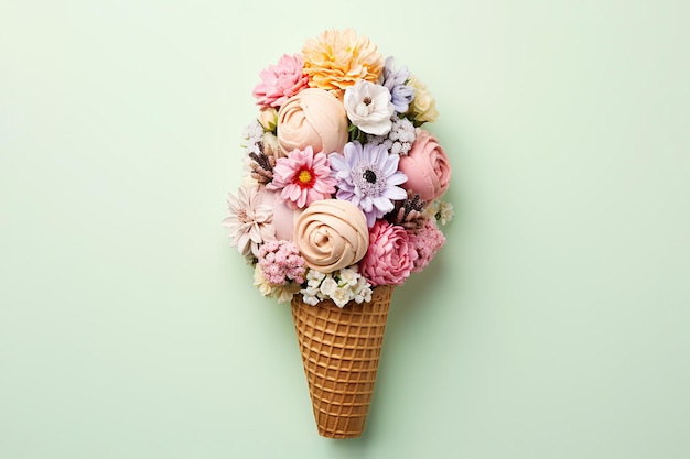 Casquinha de sorvete com flores Conceito mínimo de verão Buquê de flores em casquinha de waffle de sorvete Layout moderno conceito de publicidade de verão criativa ainda vida