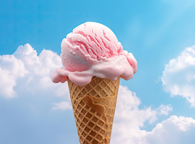 Casquinha de sorvete de leite creme branco macio serve em dia quente de verão no fundo do céu