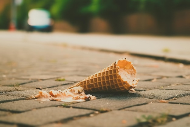 Casquinha de sorvete derretendo de cabeça para baixo na rua em dia de verão Foco seletivo Foco suave