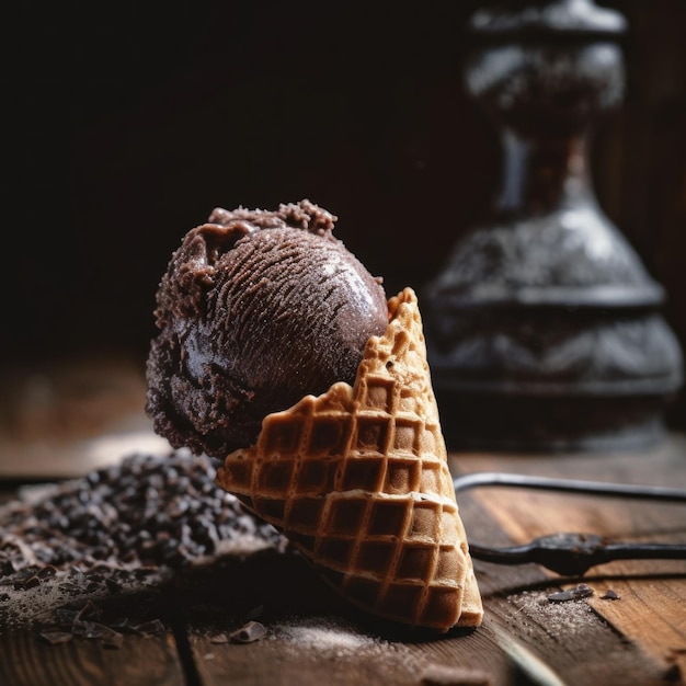 Casquinha de waffle de sorvete de chocolate rico Imagem generativa de IA