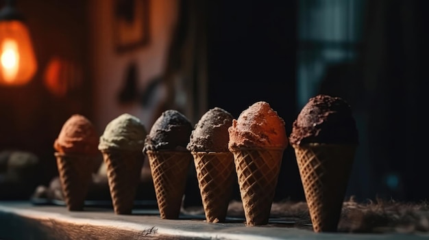 Casquinhas de sorvete de foto macro em pedra rústica pub generativa IA