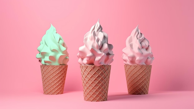 Casquinhas de sorvete estilo surrealismo fotorrealista exibidas em um pano de fundo de cor pastel criando uma composição artística IA generativa