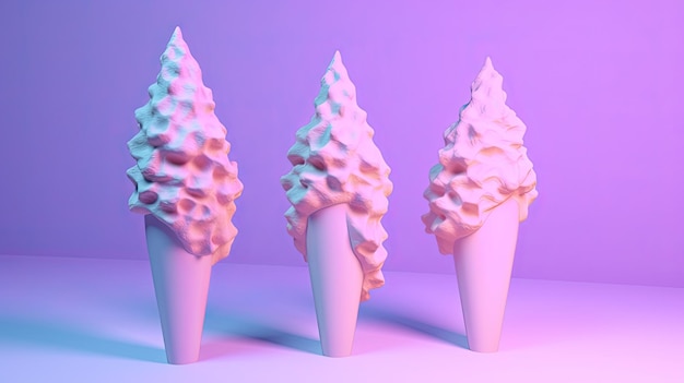 Casquinhas de sorvete estilo surrealismo fotorrealista exibidas em um pano de fundo de cor pastel criando uma composição artística IA generativa