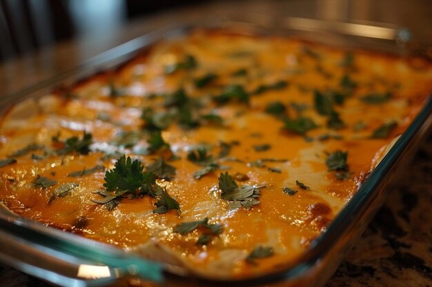 Casserola de enchiladas verdes en un plato de horneado