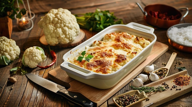 Casserole de coliflor en un plato en una mesa de madera