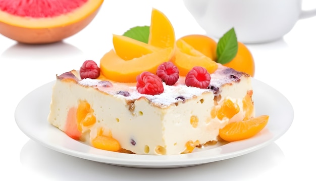 Casserole de coalhada doce com frutas em um prato isolado em fundo branco
