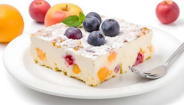 Casserole de coalhada doce com frutas em um prato isolado em fundo branco