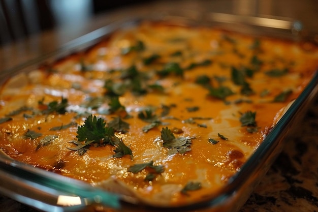 Casserole de enchiladas verdes em um prato de cozimento