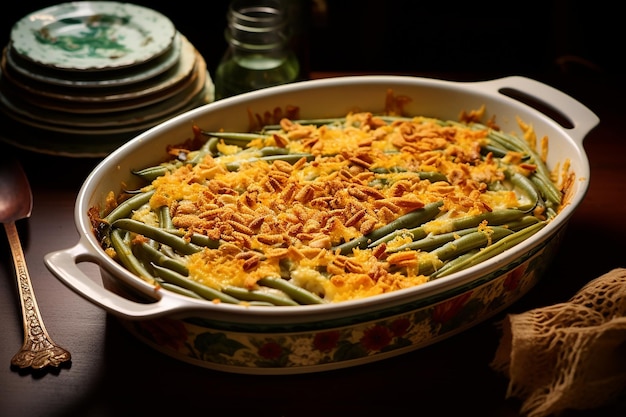 Casserole de feijão verde artisticamente arranjado