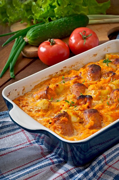 Casserole con tocino de salchicha y manzanas en una salsa de queso calabaza