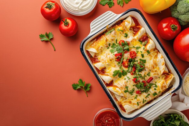 Foto casserole con tomates, cebollas, brócoli y queso