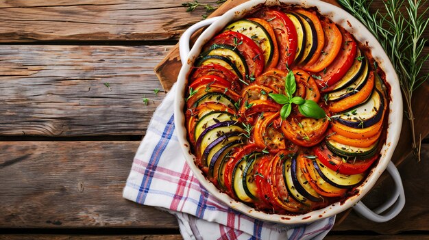 Foto casserole vegano com vegetais provençais em mesa de madeira perfeito para menus ou banners