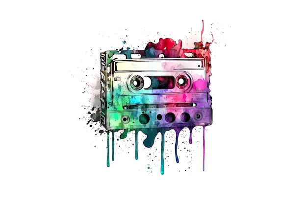 Cassete de áudio é desenhada com aquarelas multicoloridas isoladas em um fundo branco Gerado por AI