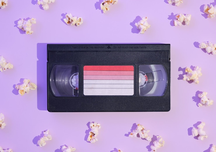 Foto cassete de vídeo vhs e muita pipoca composição brilhante plana com luz neon estética do estilo retrô