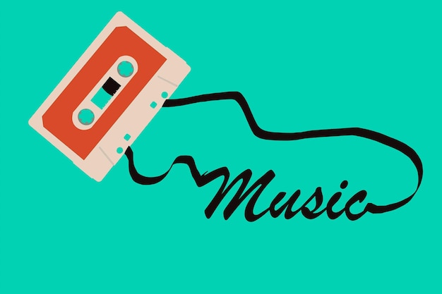 Cassette blanquecino y naranja que dibuja la palabra música con la cinta
