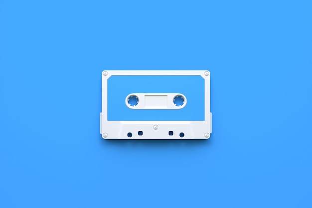 Cassette de cinta de audio vintage sobre un fondo azul Vista superior con espacio de copia Ilustración de renderizado 3D