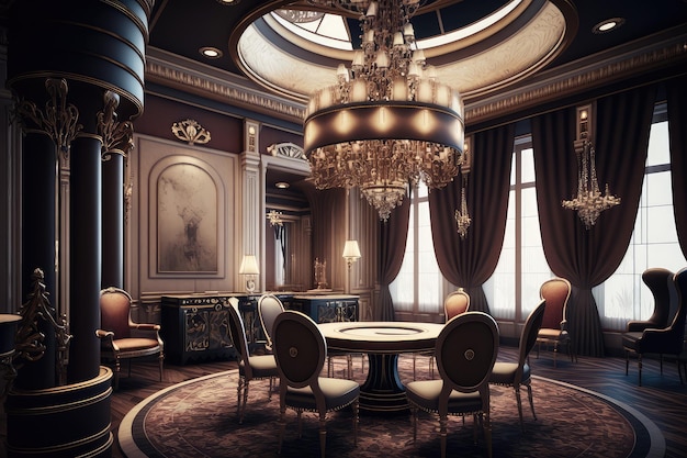 Cassino Highroller com decoração luxuosa e opulenta, incluindo cortinas de veludo e lustres