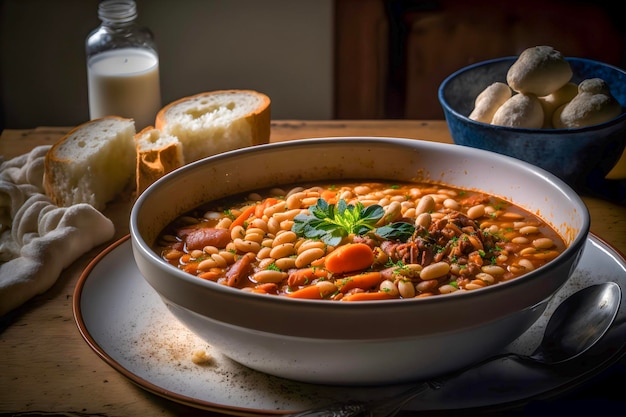 Cassoulet clássico com carne de feijão e cobertura crocante de pão ralado